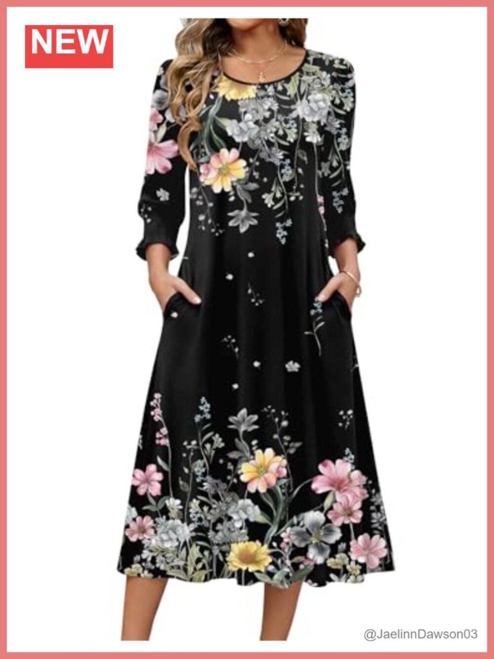 Women's Floral Midi Dress 3/4 Sleeve with Pockets Casual